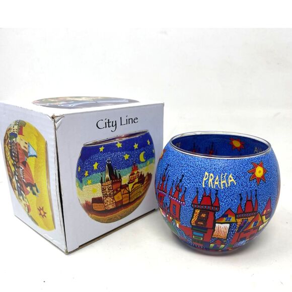 Vintage Sicherheitshinweis Glass Candle Holder CITY LINE Glowing Globes Praha - Picture 1 of 11